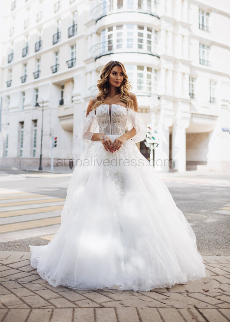 A-line Off Shoulder White Lace Sparkle Wedding Dress