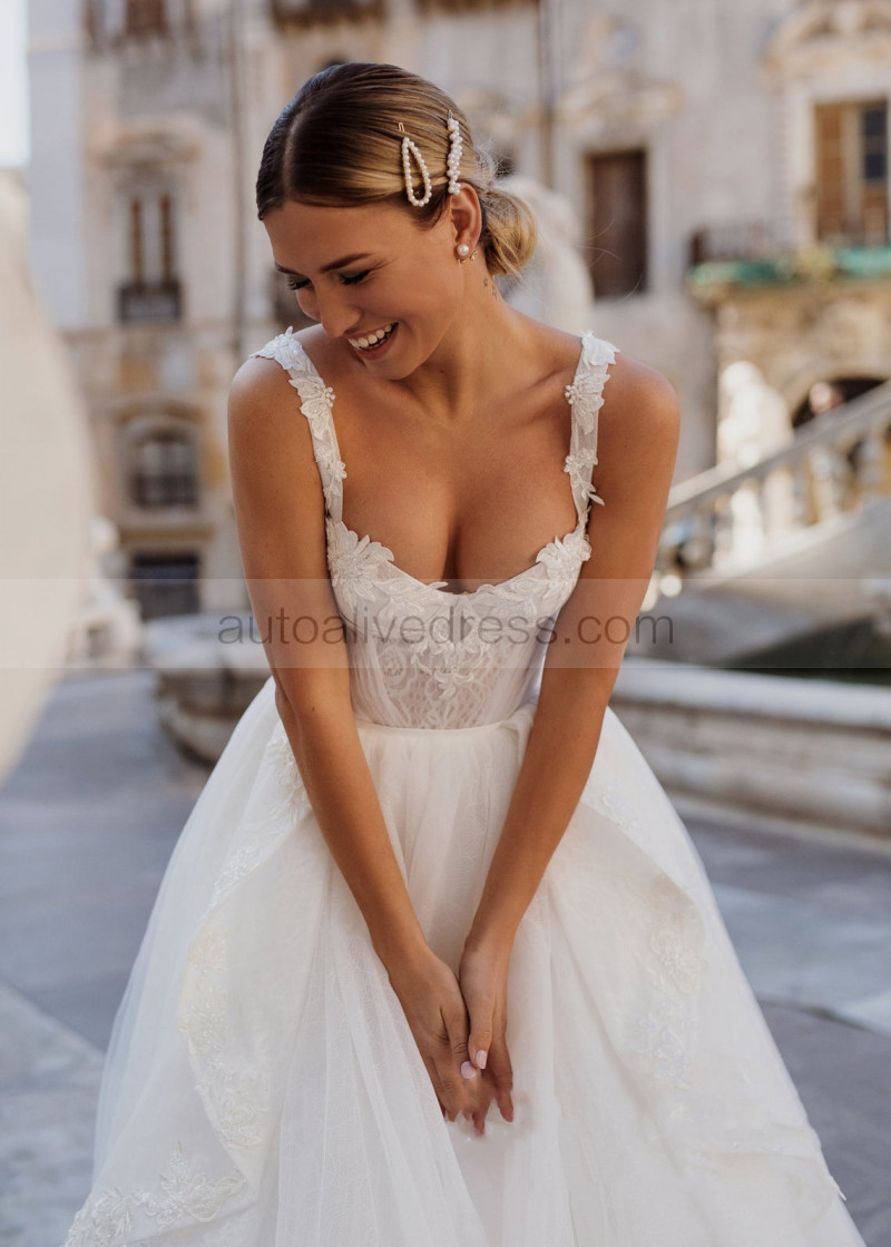 A-line Beaded Ivory Lace Tulle Ruffle Wedding Dress