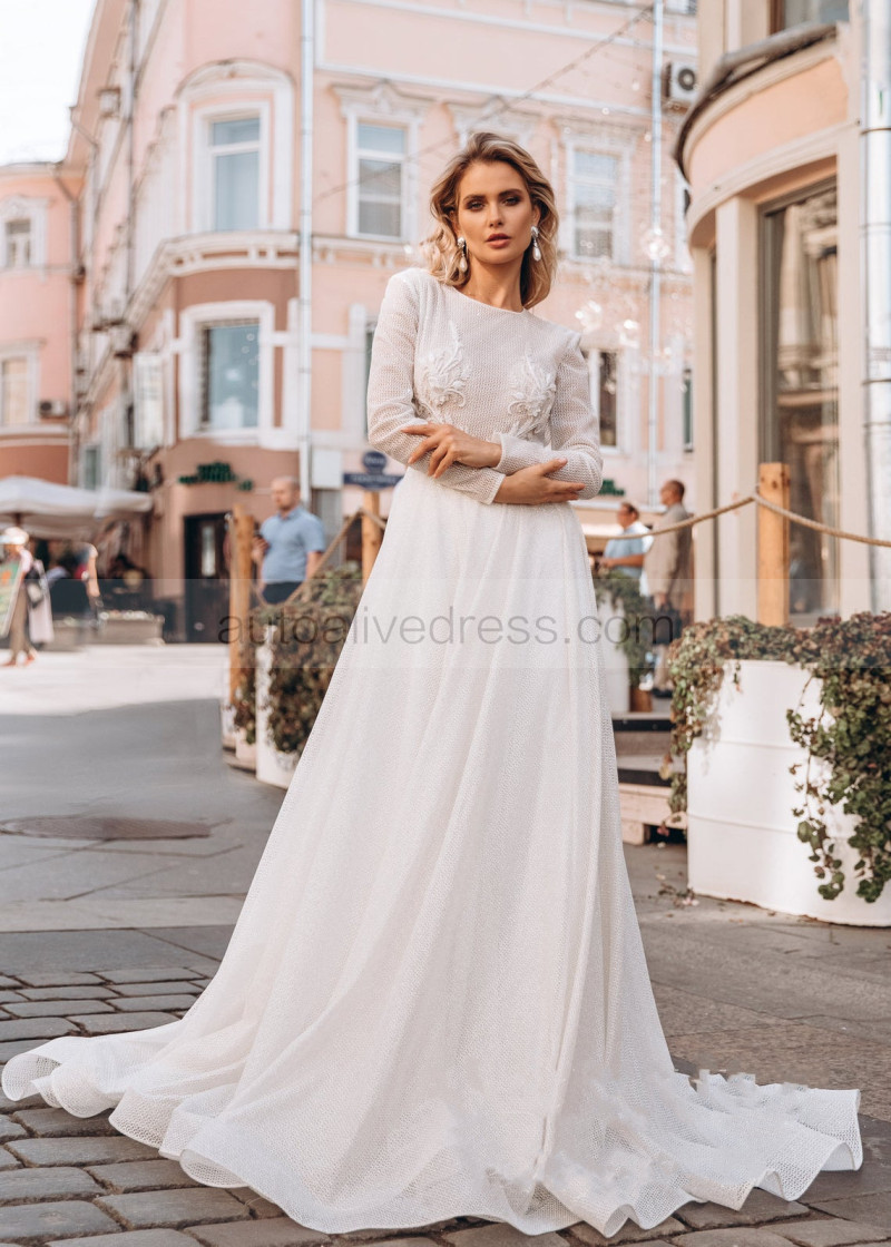 scalloped a line wedding dress with double straps Dreamyannie Ivory Tulle Wedding Dress A Line Long Sleeves Corset Bridal  Dress main image 0
