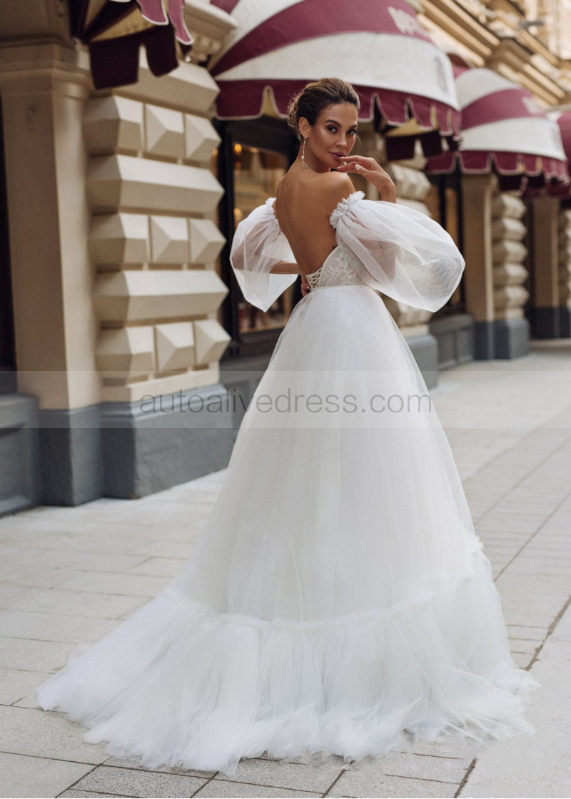 A-line White Lace Tulle Corset Back Wedding Dress