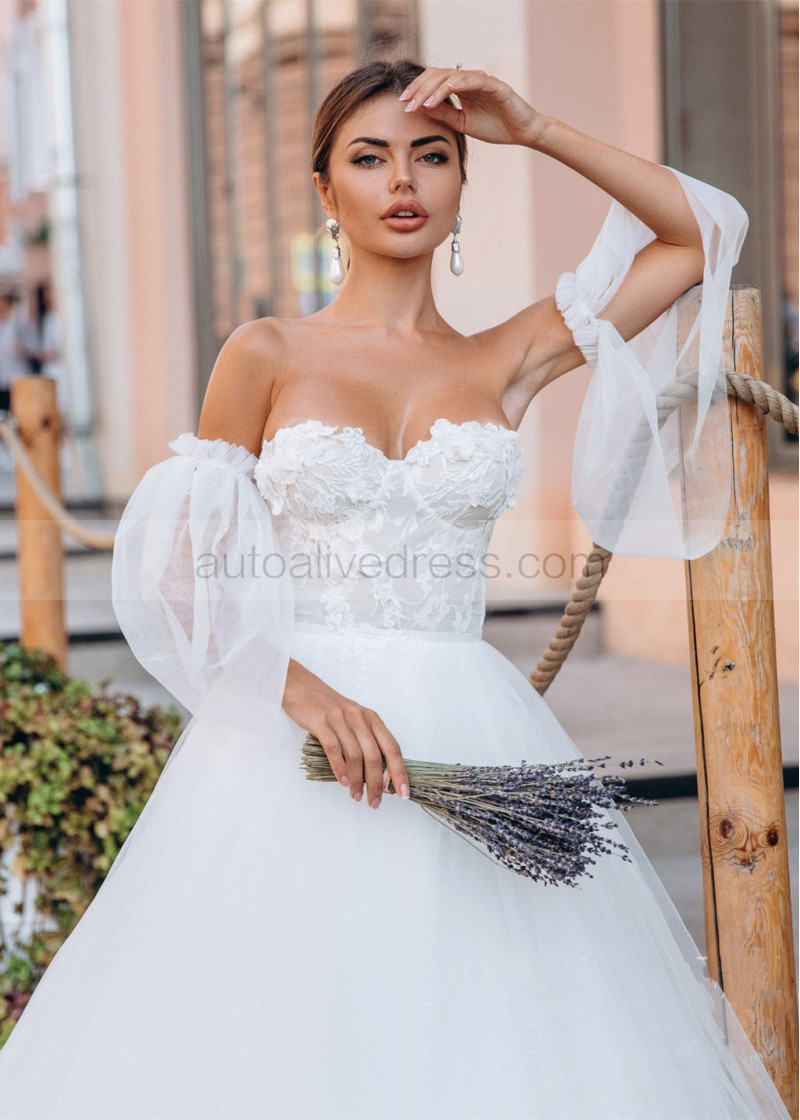 A-line White Lace Tulle Corset Back Wedding Dress
