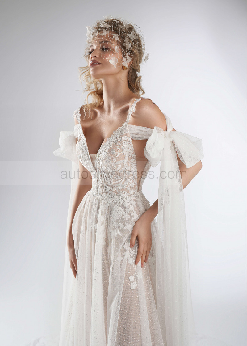 knee length dresses for ladies NumberSea-NumberSea Polka Dot Lace Wedding Dress with Embroidery White main image 0