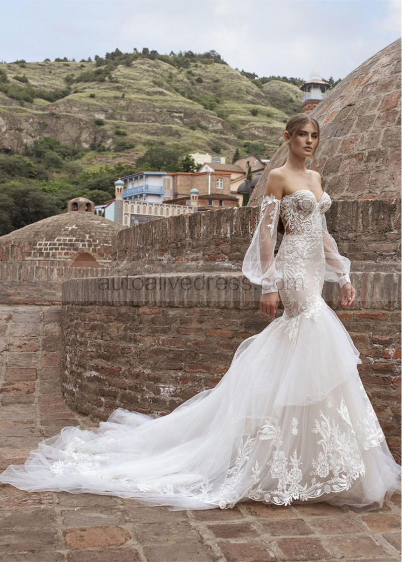 Mermaid Strapless Ivory Lace Tulle Modern Wedding Dress