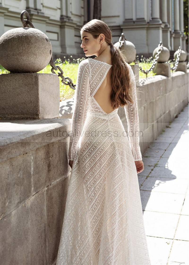 A-line Long Sleeves Lace Keyhole Back Beaded Wedding Dress