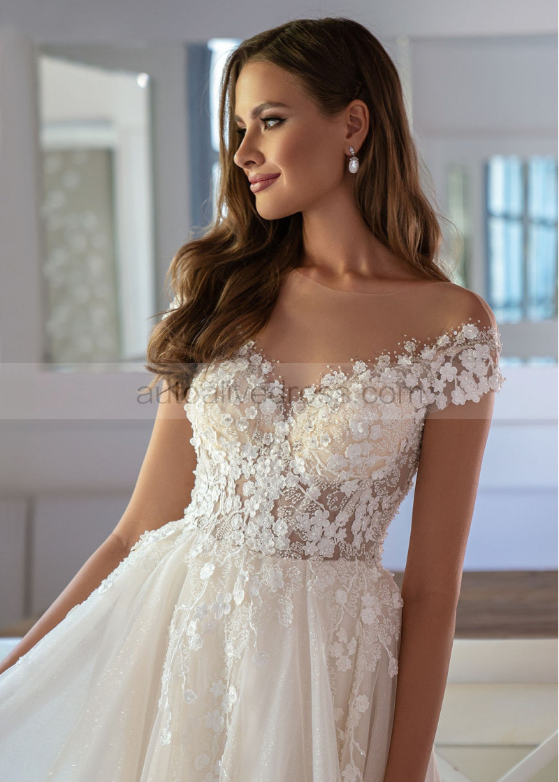 A-line Beaded Floral Lace Glitter Tulle Fairy Wedding Dress