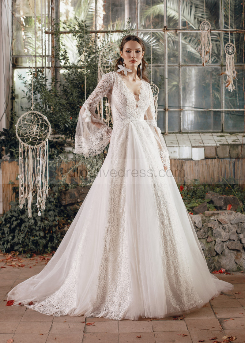 A-line Bell Sleeves Ivory Lace Tulle Boho Wedding Dress A-line Bell Sleeves Ivory Lace Tulle Boho Wedding Dress