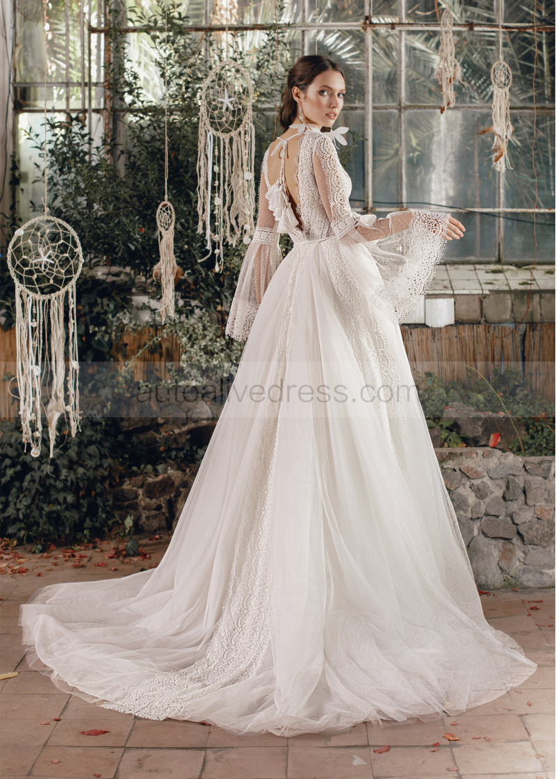 A-line Bell Sleeves Ivory Lace Tulle Boho Wedding Dress A-line Bell Sleeves Ivory Lace Tulle Boho Wedding Dress