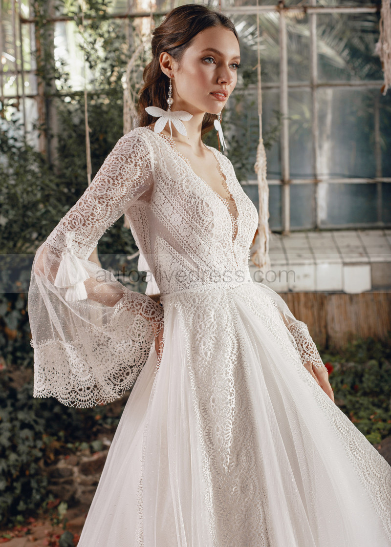 A-line Bell Sleeves Ivory Lace Tulle Boho Wedding Dress A-line Bell Sleeves Ivory Lace Tulle Boho Wedding Dress