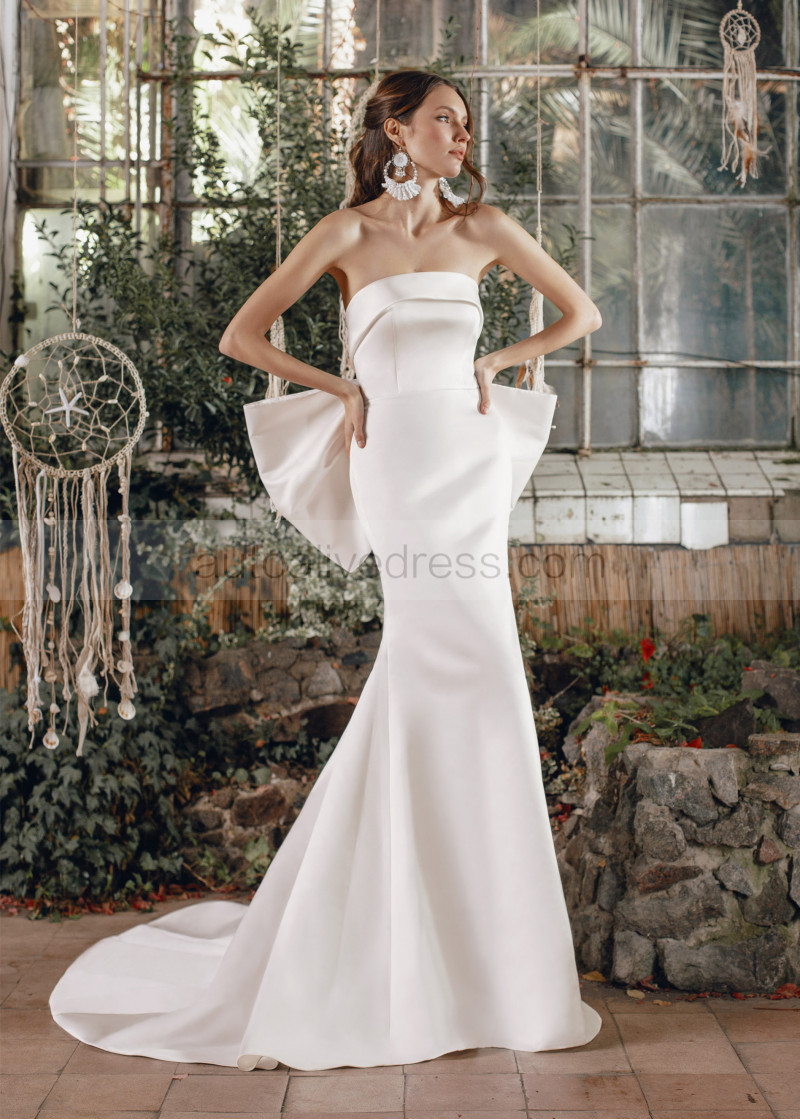 Mermaid Strapless Ivory Satin Big Bow Wedding Dress Mermaid Strapless Ivory Satin Big Bow Wedding Dress