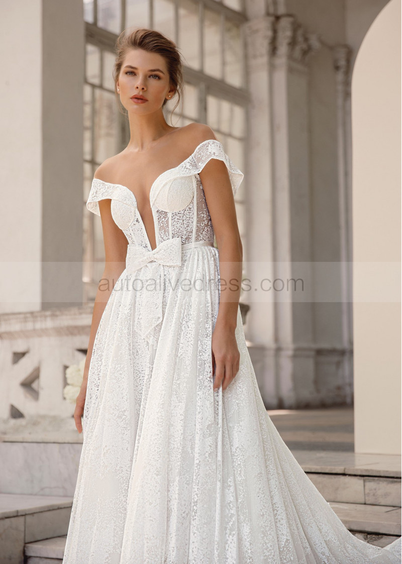 Ivory Glitter Buttons Back Top Fashion Wedding Dress