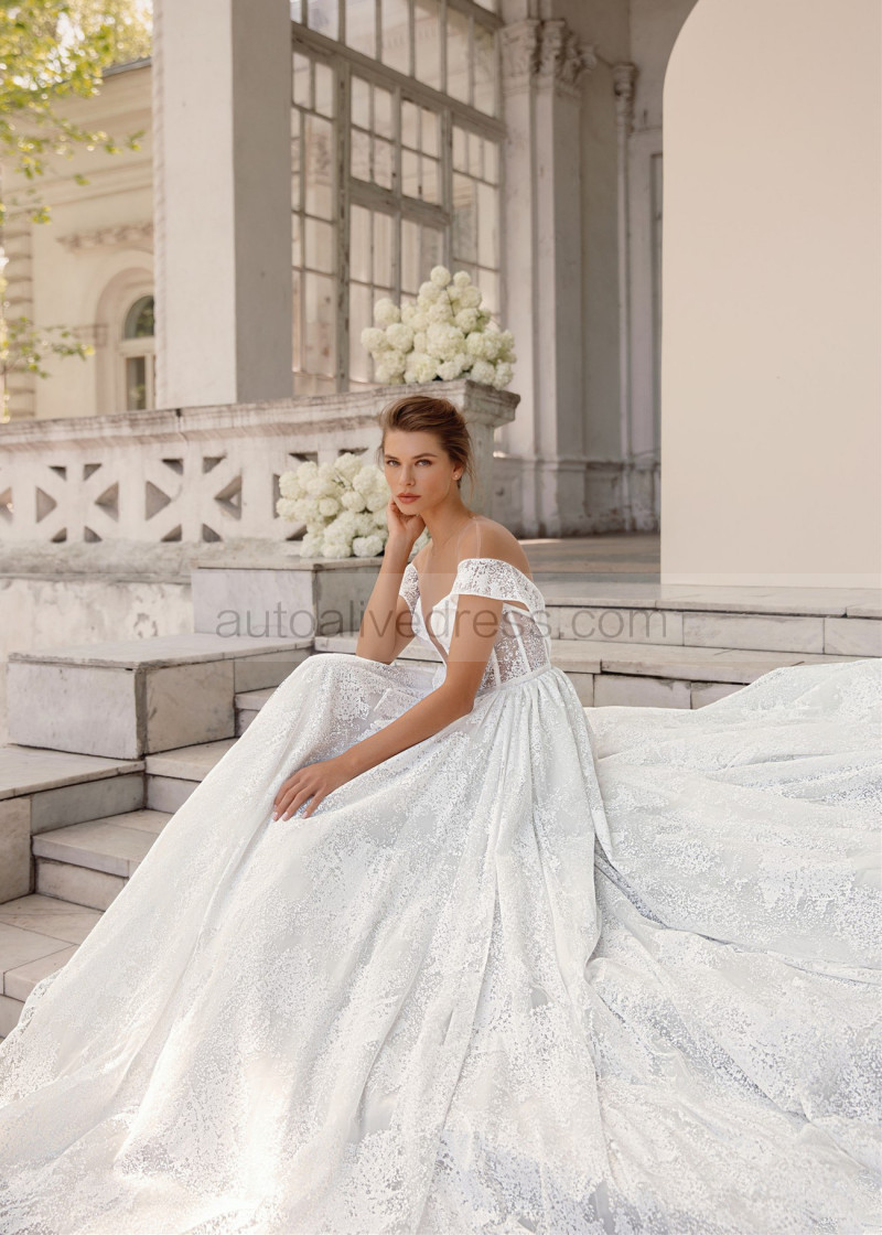 A-line Ivory Glitter Buttons Back Top Fashion Wedding Dress