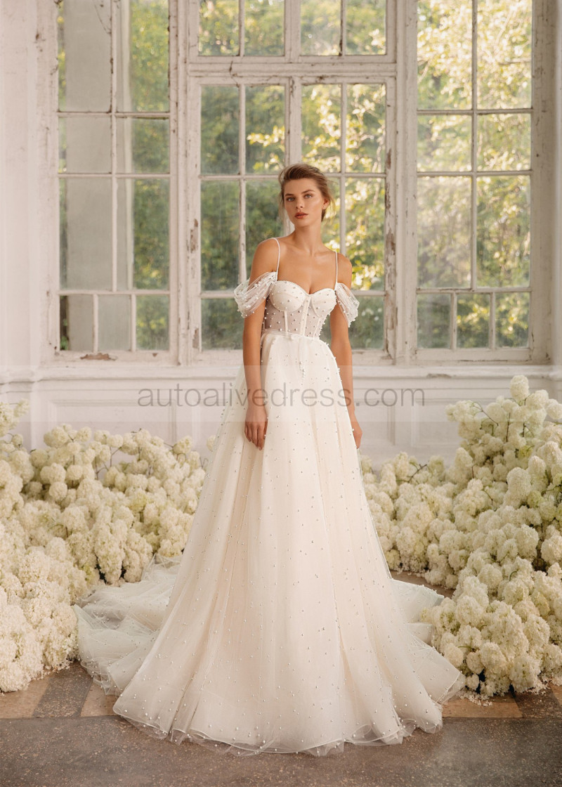 A-line Ivory Pearl Beaded Tulle Fabulous Wedding Dress