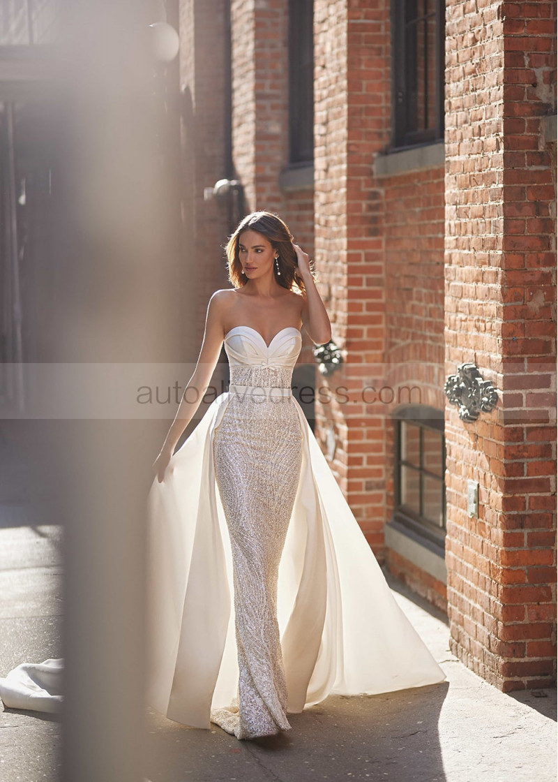 Mermaid Shining Sequined Lace Satin Fantastic Wedding Dress With Detachable  Train