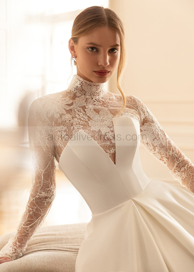 Ball Gown High Collar Ivory Lace Satin Fabulous Wedding Dress Ball Gown High Collar Ivory Lace Satin Fabulous Wedding Dress