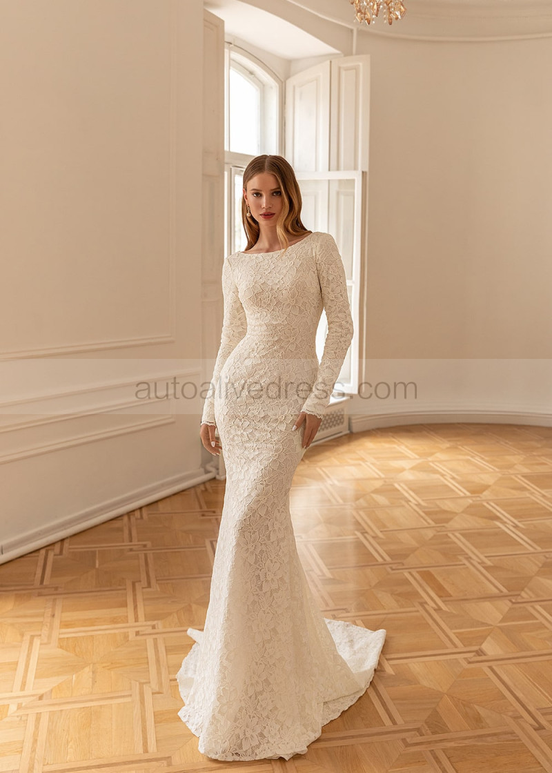 Mermaid Boat Neck Ivory Floral Lace Modest Wedding Dress Mermaid Boat Neck Ivory Floral Lace Modest Wedding Dress