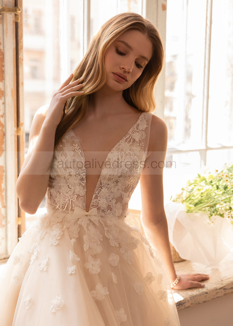 champagne beaded wedding dress Champagne Beaded Long Sleeve Bridal Gown