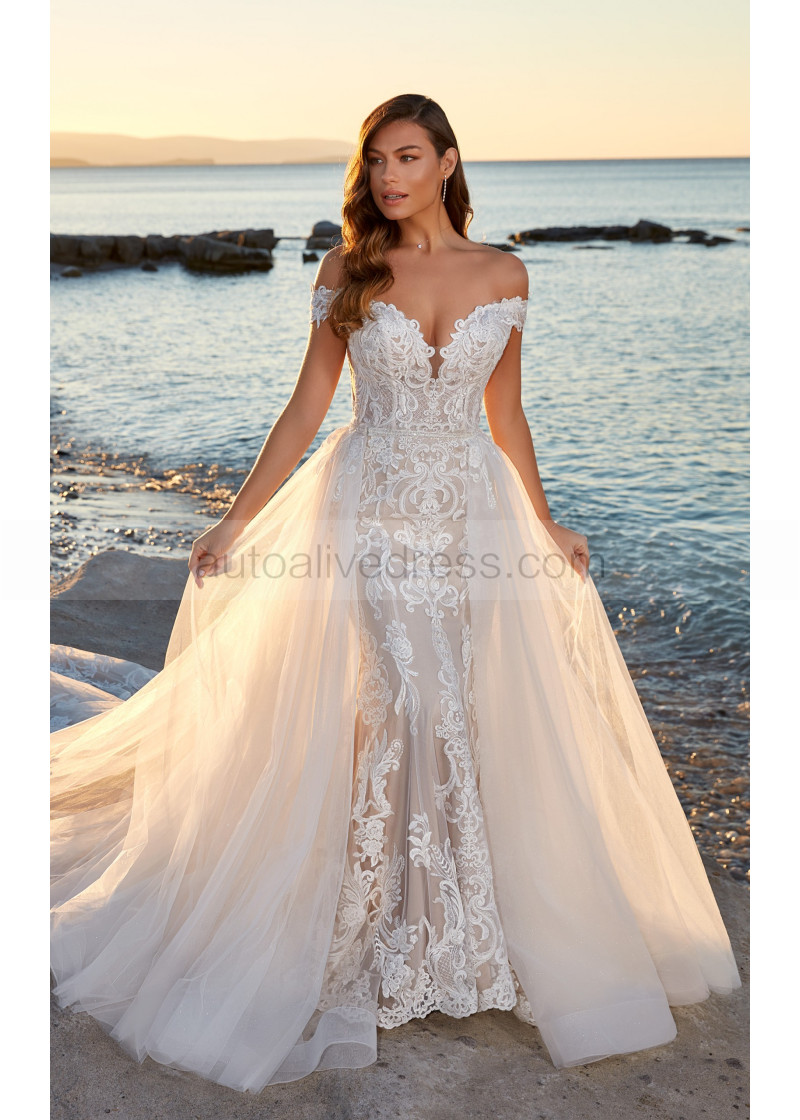 Mermaid Ivory Lace Tulle Unusual Wedding Dress With Removable Train