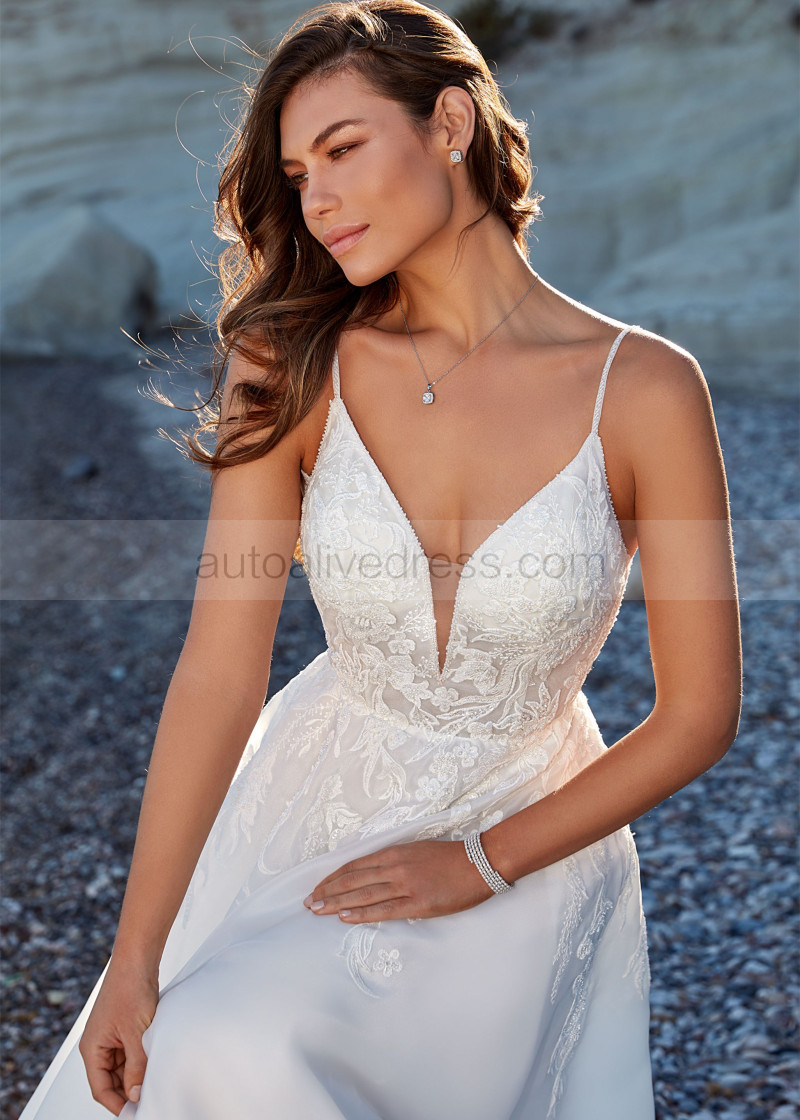 A-line Ivory Beaded Lace Organza Butterfly Keyhole Back Wedding Dress With  Pockets