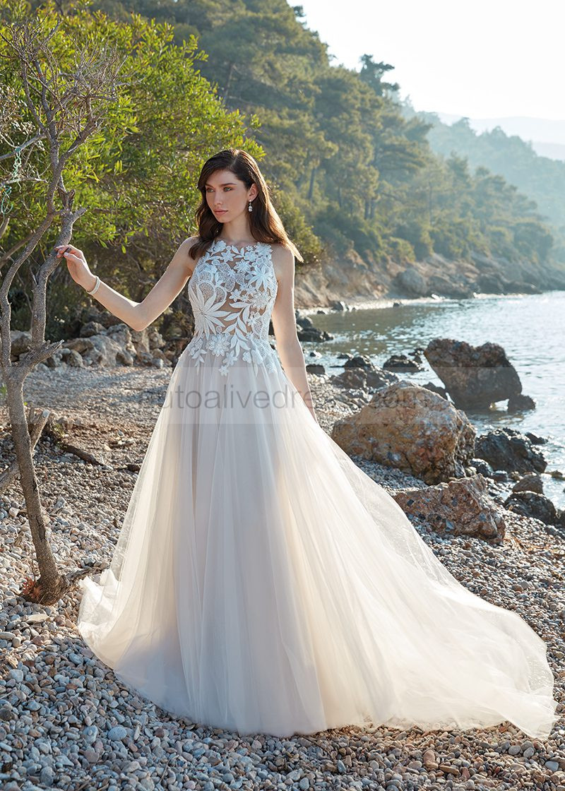 A-line Sheer Boho Beach Beaded Lace Tulle Summer Airy Wedding Dress A-line Sheer Boho Beach Beaded Lace Tulle Summer Airy Wedding Dress