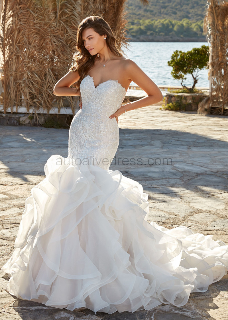 open lace back dress Bridal Organza A-line Gown Cvit With Ruffled Sleeves main image 1