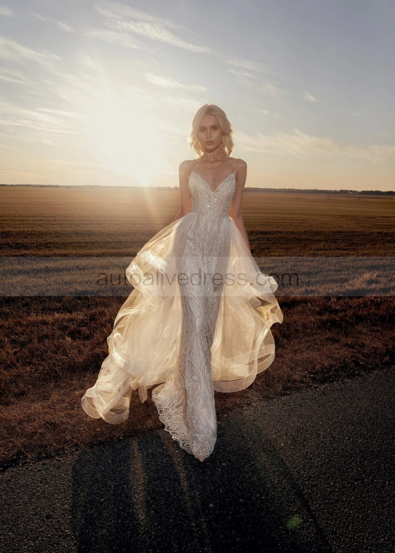 beaded wedding dress with detachable train Beaded Lace Crpe Wedding Dress Train
