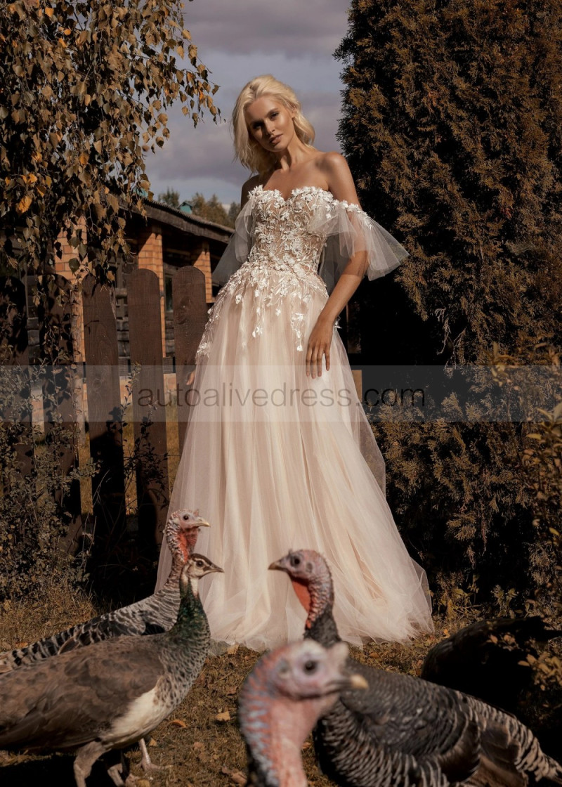 A-line Off Shoulder Embroidered Lace Tulle Floral Wedding Dress