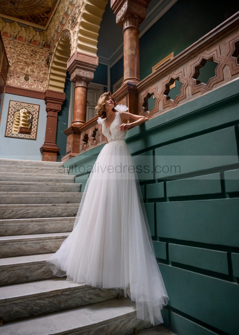 Beaded Ivory Lace Tulle Pearl Buttons Back Wedding Dress Beaded Ivory Lace Tulle Pearl Buttons Back Wedding Dress
