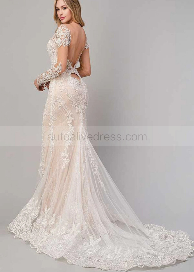 Mermaid Ivory Lace Tulle Heart Shaped Back Scalloped Hem Wedding Dress
