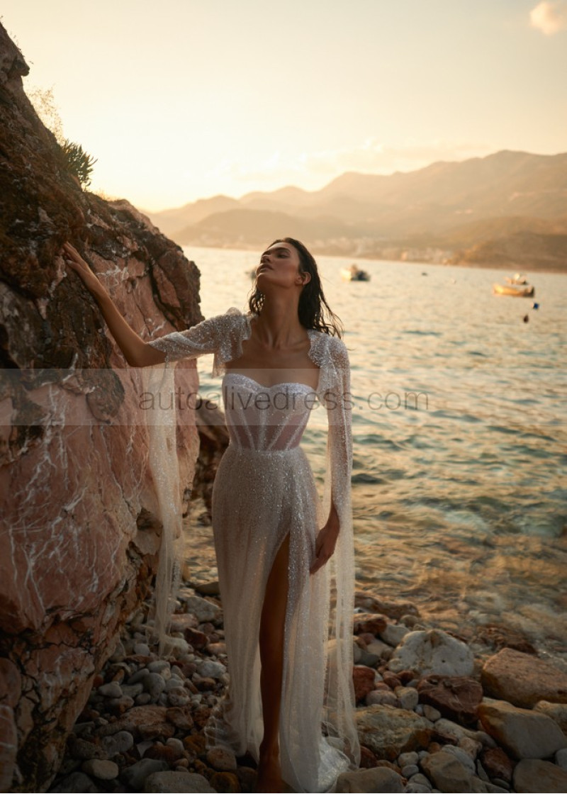 Sheath Ivory Glitter Lace Slit Beach Wedding Dress With Cape Sheath Ivory Glitter Lace Slit Beach Wedding Dress With Cape