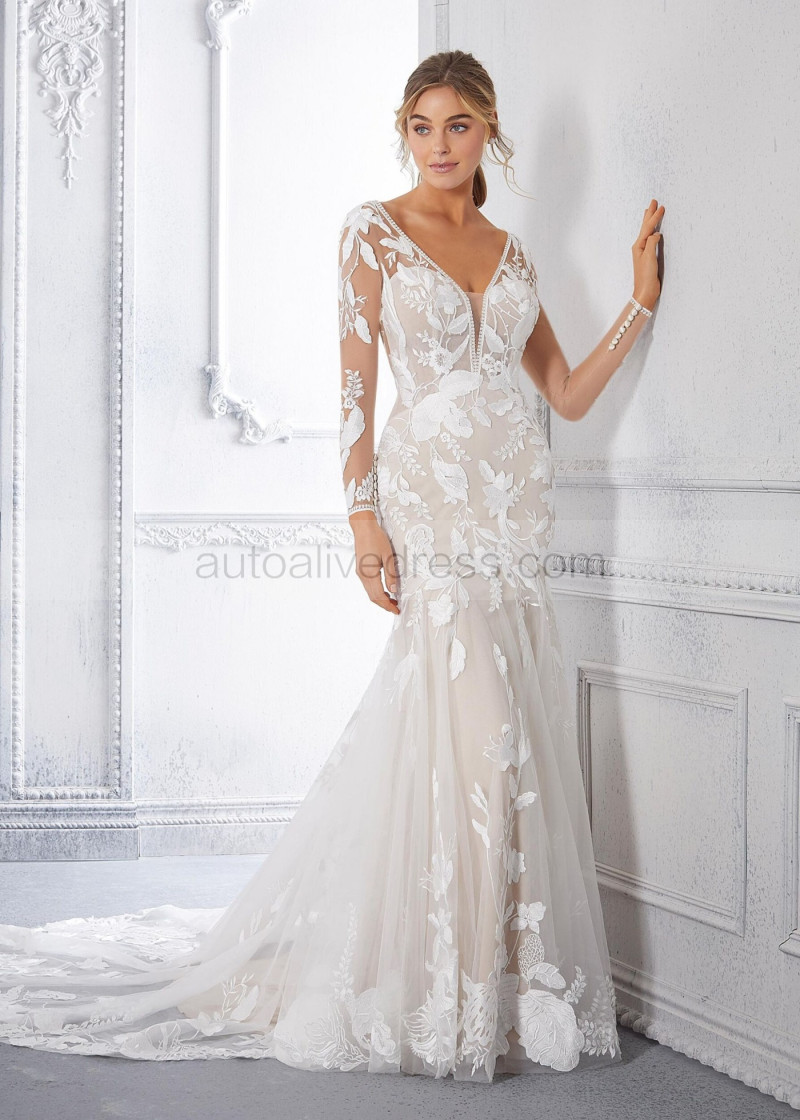 Mermaid Ivory Floral Lace Tulle Wedding Dress With Cappuccino Lining Mermaid Ivory Floral Lace Tulle Wedding Dress With Cappuccino Lining