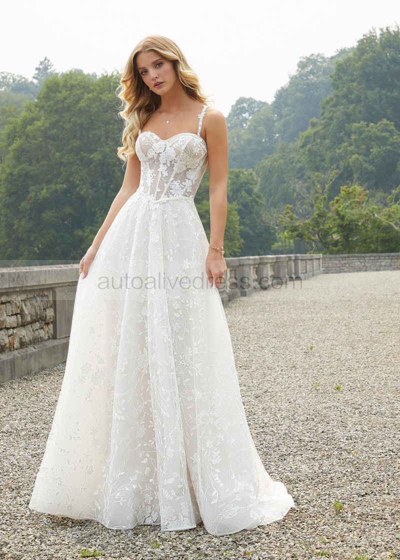 A-line Sweetheart Neck Ivory Lace Floral Romantic Wedding Dress