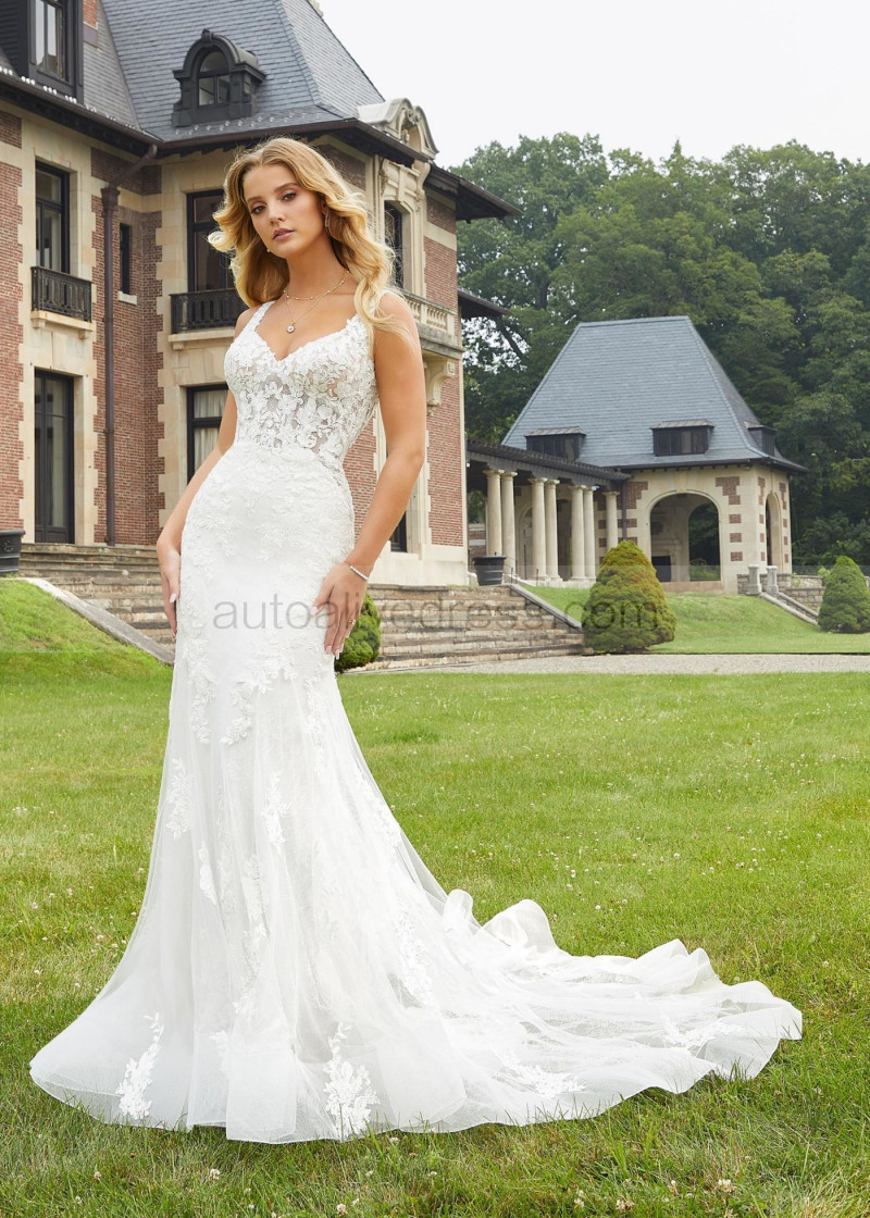 Mermaid Wide Straps Ivory Lace Tulle Deep V Back Wedding Dress