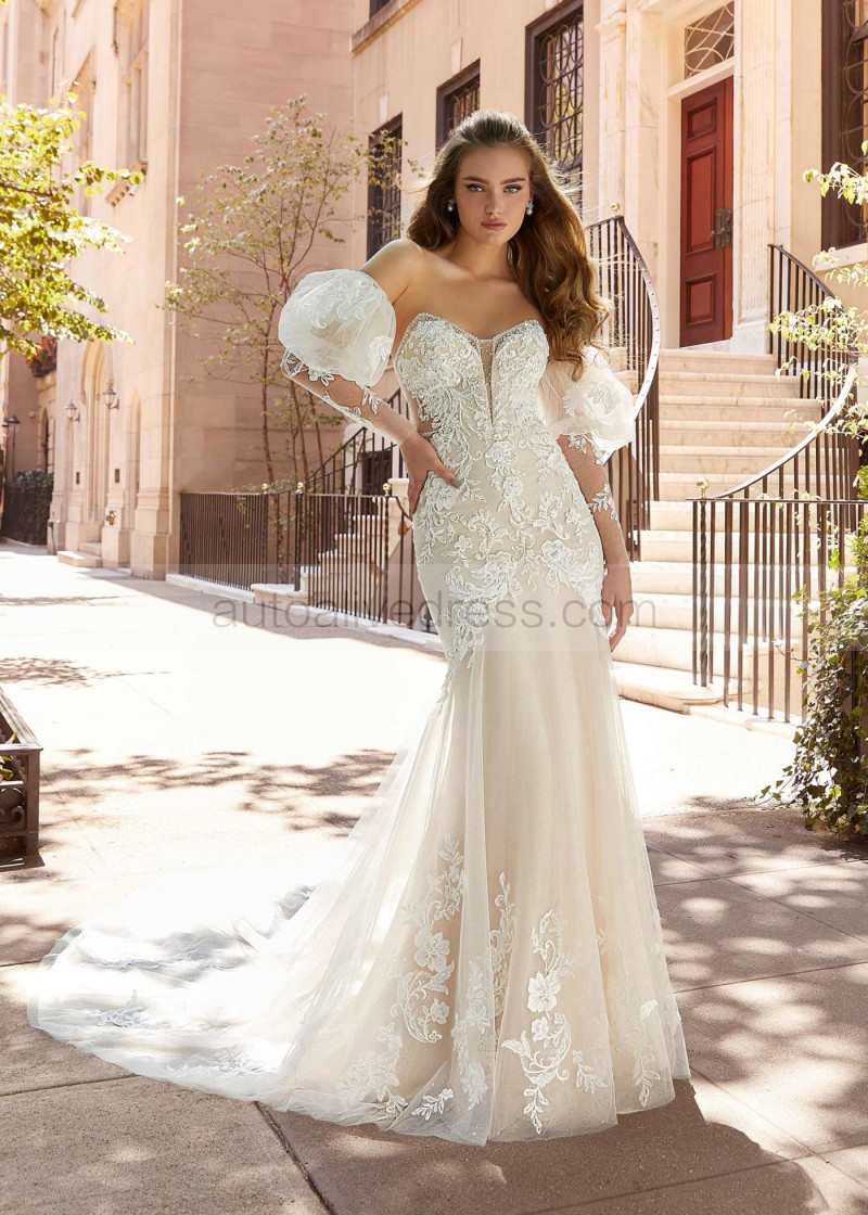 Mermaid Beaded Ivory Lace Tulle Drop Waist Wedding Dress Mermaid Beaded Ivory Lace Tulle Drop Waist Wedding Dress