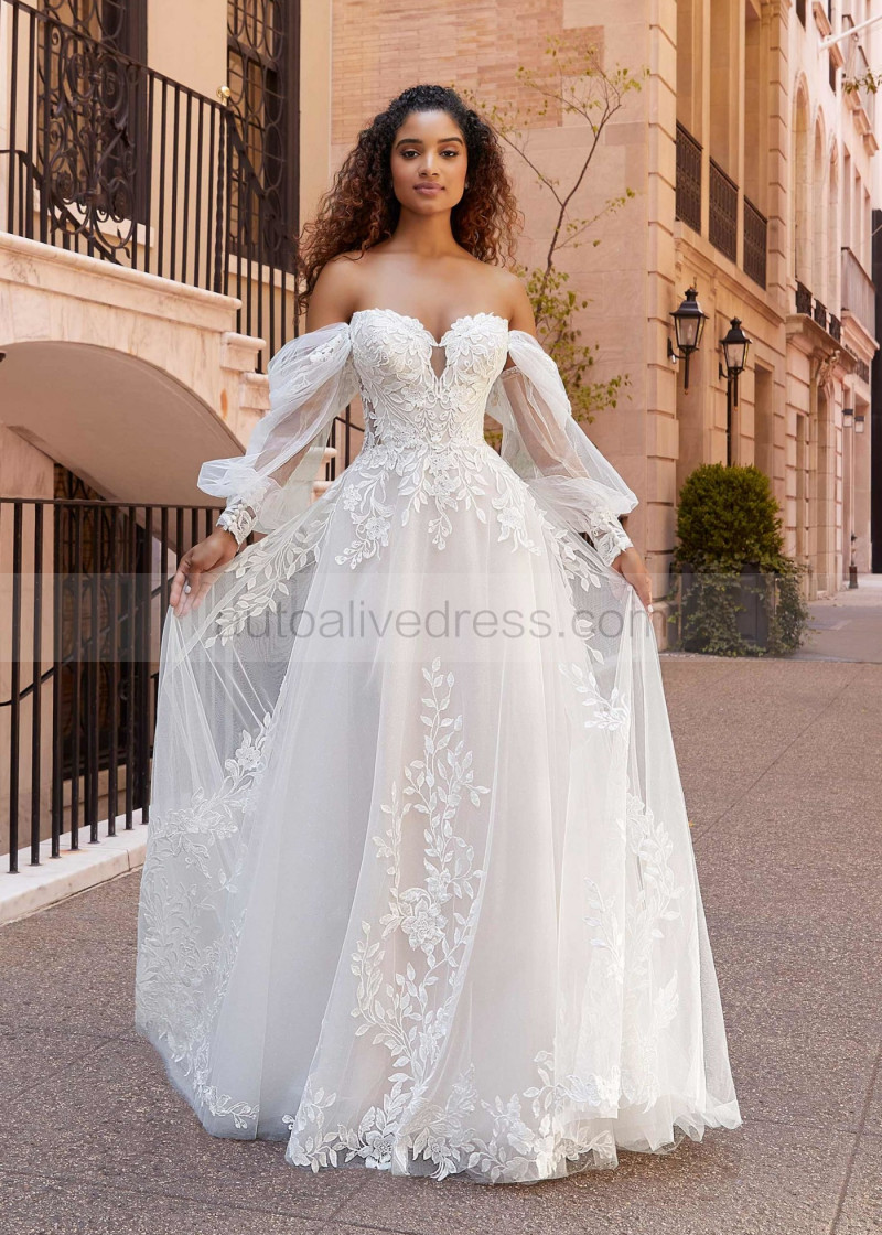 A-line Detachable Sleeves Ivory Lace Tulle Unique Wedding Dress A-line Detachable Sleeves Ivory Lace Tulle Unique Wedding Dress