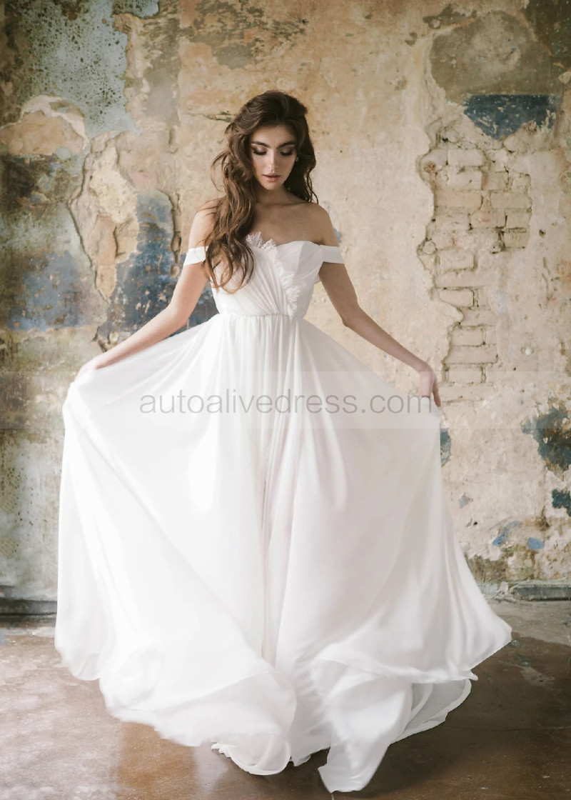 A-line Off Shoulder Ivory Chiffon Lace Slit Bohemian Wedding Dress A-line Off Shoulder Ivory Chiffon Lace Slit Bohemian Wedding Dress