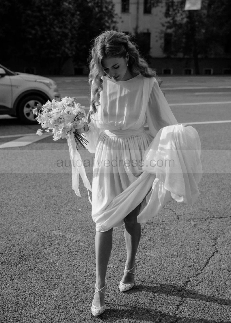 A-line Boat Neck Ivory Chiffon Open Back Airy Wedding Dress