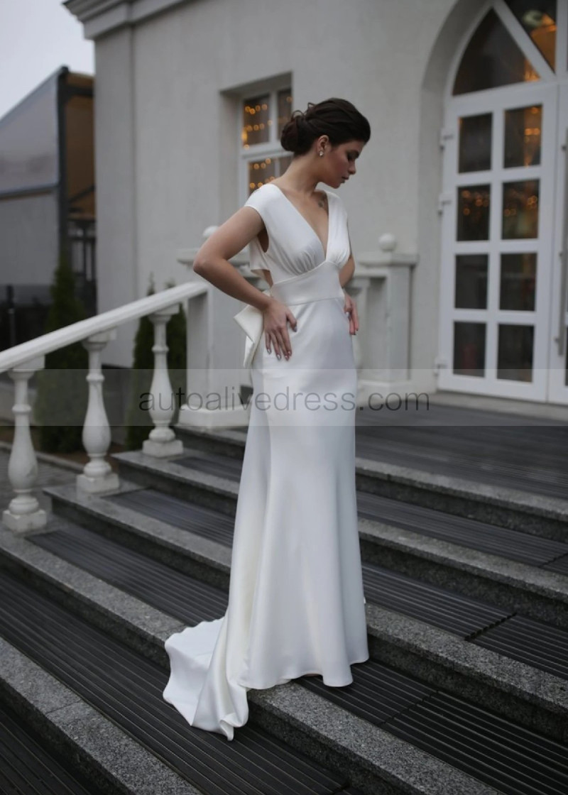 Fit And Flare V Neck Ivory Satin Wedding Dress With Big Bow Fit And Flare V Neck Ivory Satin Wedding Dress With Big Bow