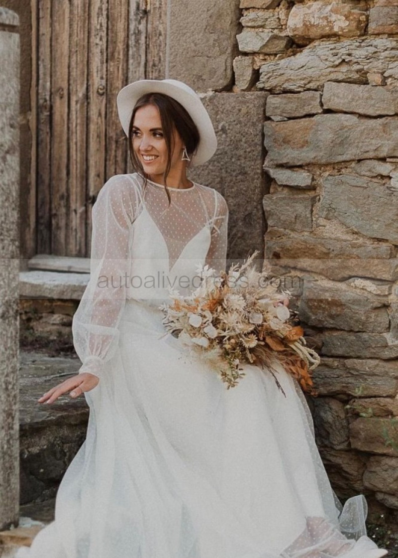 polka dot long sleeve wedding dress Tulle Polka Dots Off Shoulder Long Sleeves Boho Wedding Dresses, MW1051