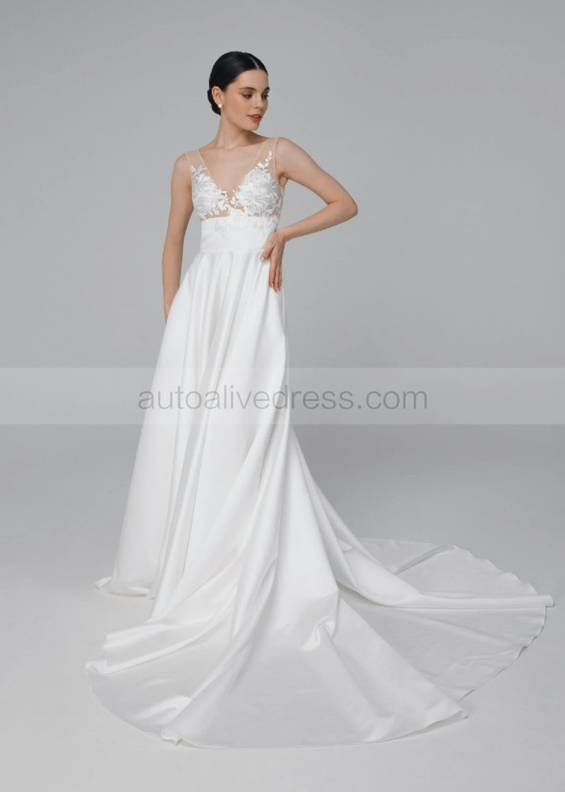 Empire Waist V Neck Ivory Lace Satin Wedding Dress