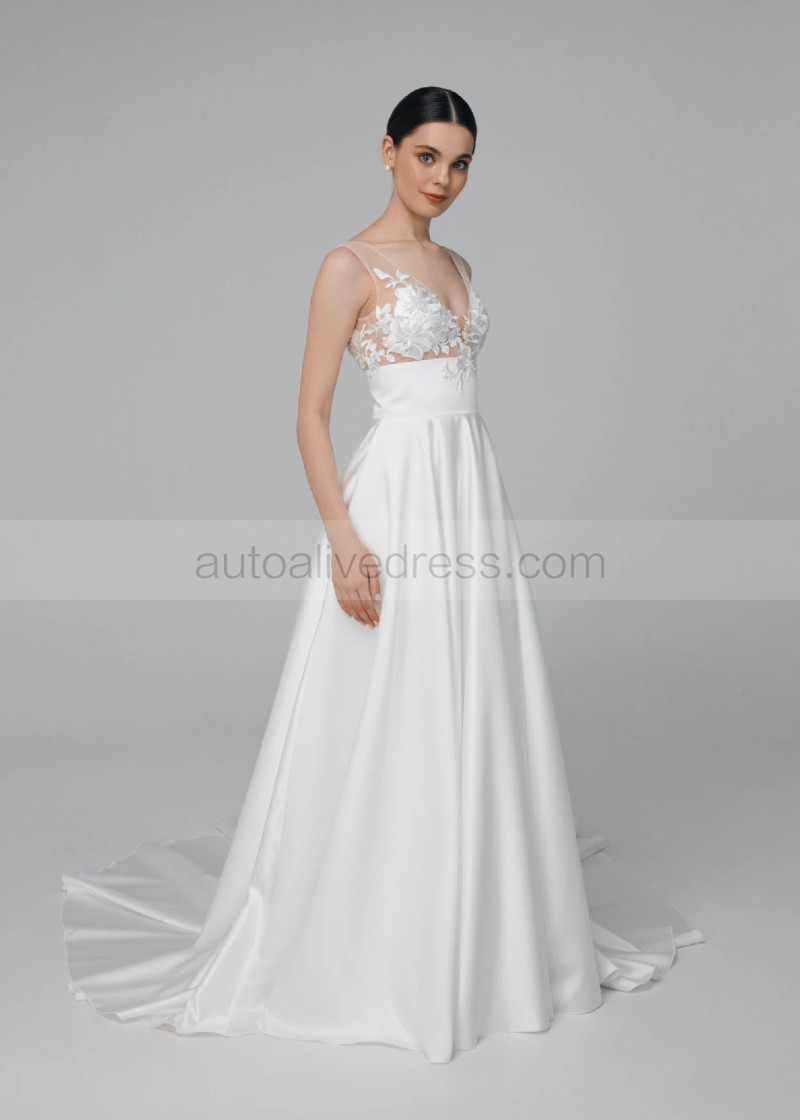 Empire Waist V Neck Ivory Lace Satin Wedding Dress