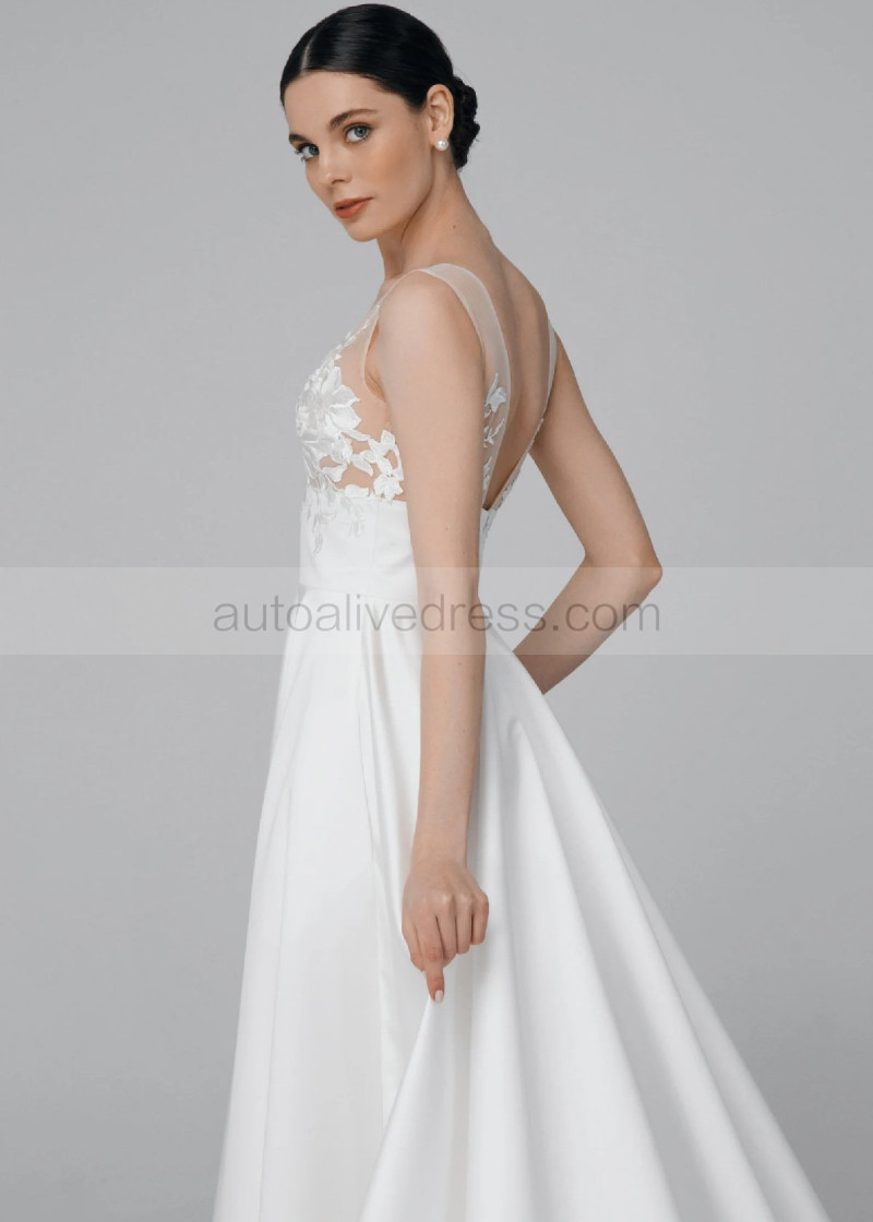 Empire Waist V Neck Ivory Lace Satin Wedding Dress