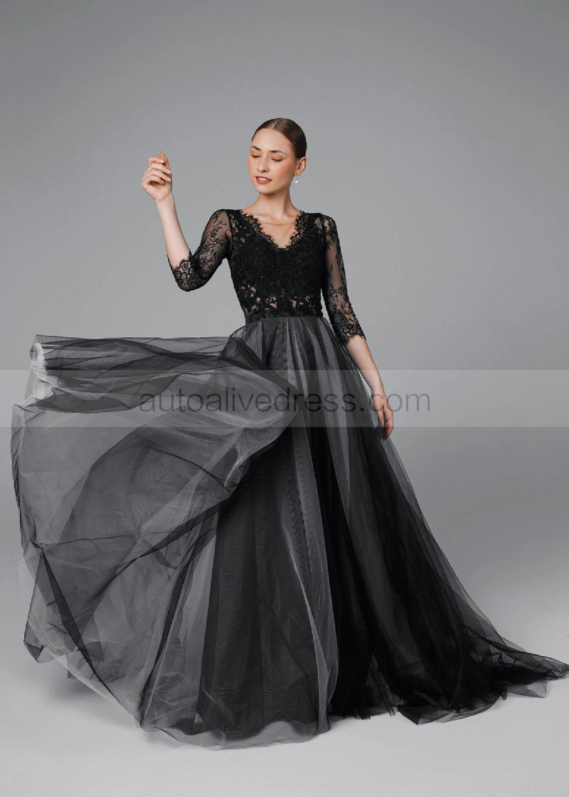 A-line Black Eyelash Lace Tulle Chic Wedding Dress