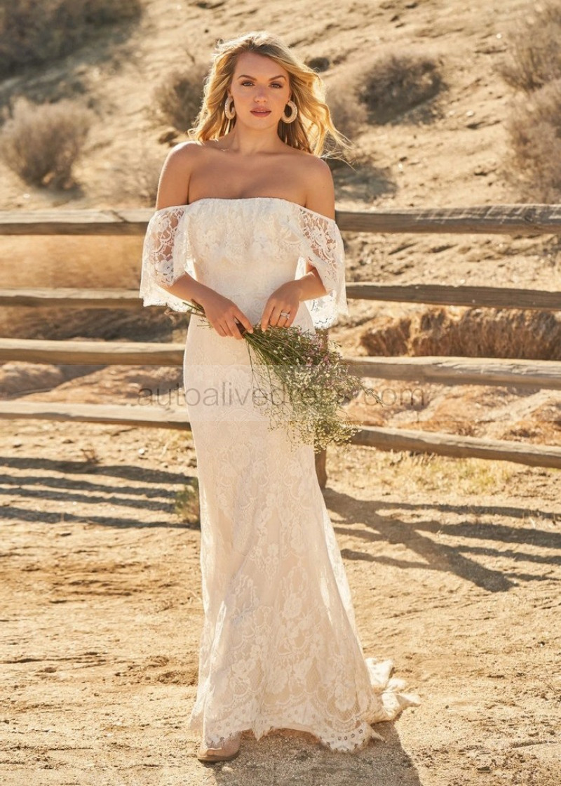 Fit-n-flare Off Shoulder Ivory Lace Rustic Wedding Dress Fit-n-flare Off Shoulder Ivory Lace Rustic Wedding Dress