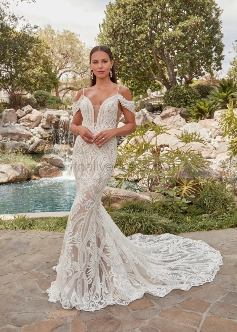 Mermaid Detachable Sleeves Ivory Lace Tulle Bohemian Wedding Dress Mermaid Detachable Sleeves Ivory Lace Tulle Bohemian Wedding Dress