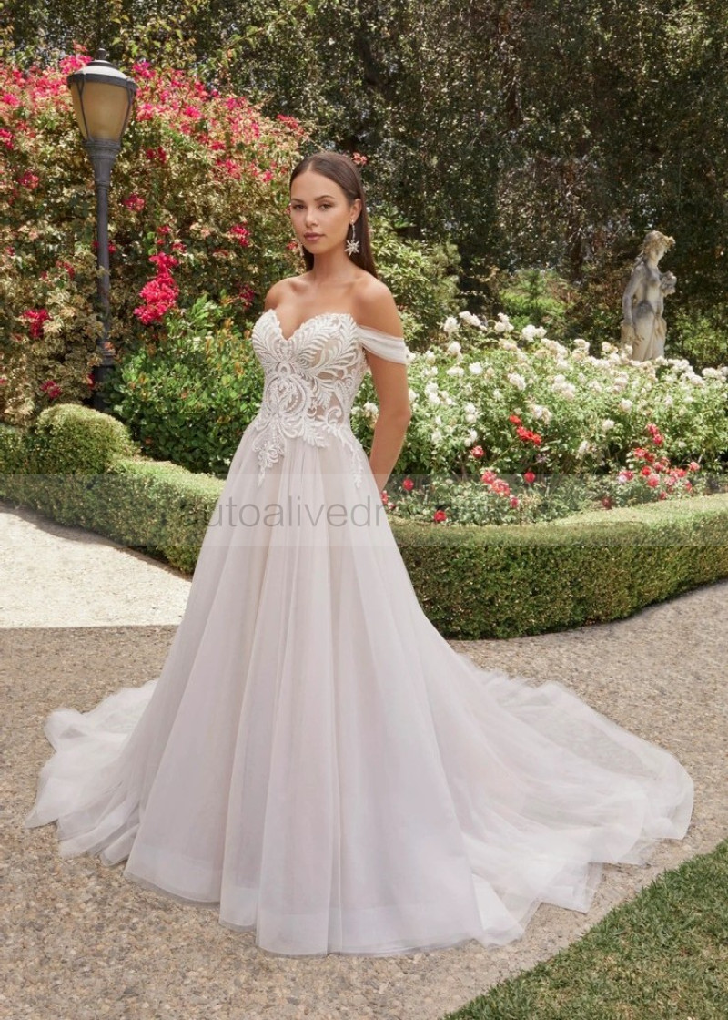 A-line Detachable Straps Beaded Ivory Lace Tulle Wedding Dress