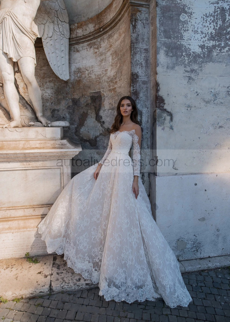 A-line Long Sleeves Ivory Lace Tulle Buttons Back Fabulous Wedding Dress