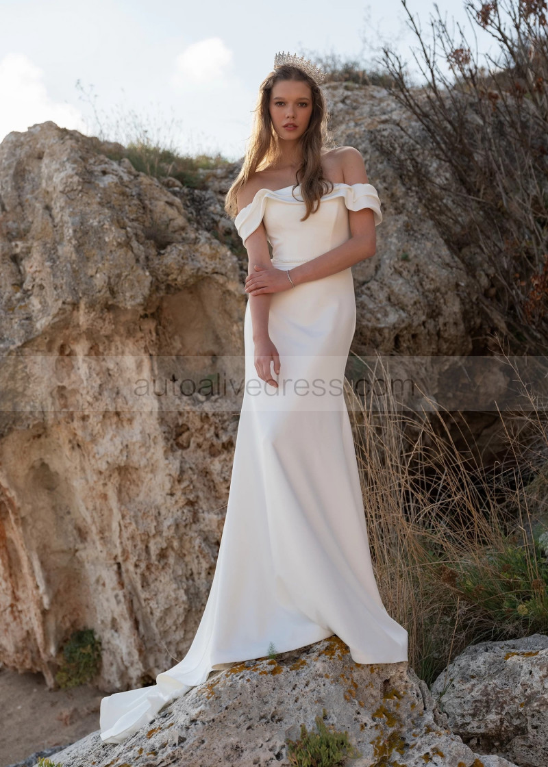 Mermaid Off Shoulder Ivory Satin Wedding Dress With Beaded Belt Mermaid Off Shoulder Ivory Satin Wedding Dress With Beaded Belt