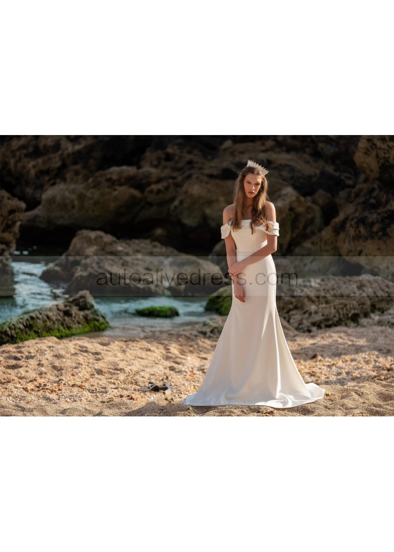 Mermaid Off Shoulder Ivory Satin Wedding Dress With Beaded Belt Mermaid Off Shoulder Ivory Satin Wedding Dress With Beaded Belt