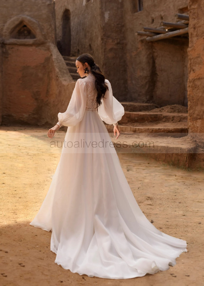 Beaded Ivory Lace Chiffon Pearl Buttons Back Wedding Dress Beaded Ivory Lace Chiffon Pearl Buttons Back Wedding Dress