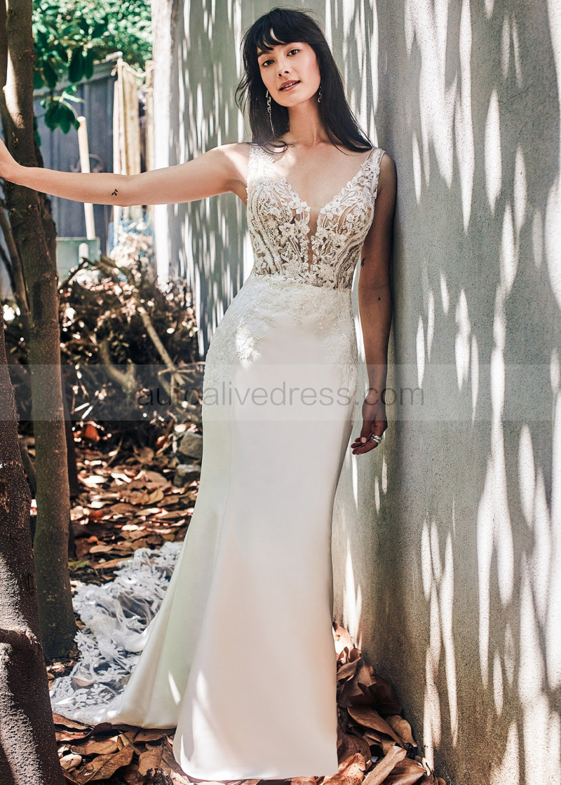 Mermaid Beaded Ivory Lace Satin Wedding Dress With Long Train